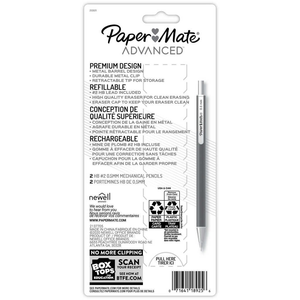Paper Mate Advanced Mechanical Pencils, Premium Metal Barrels 0.5 mm #2 Pencils, 2 Count