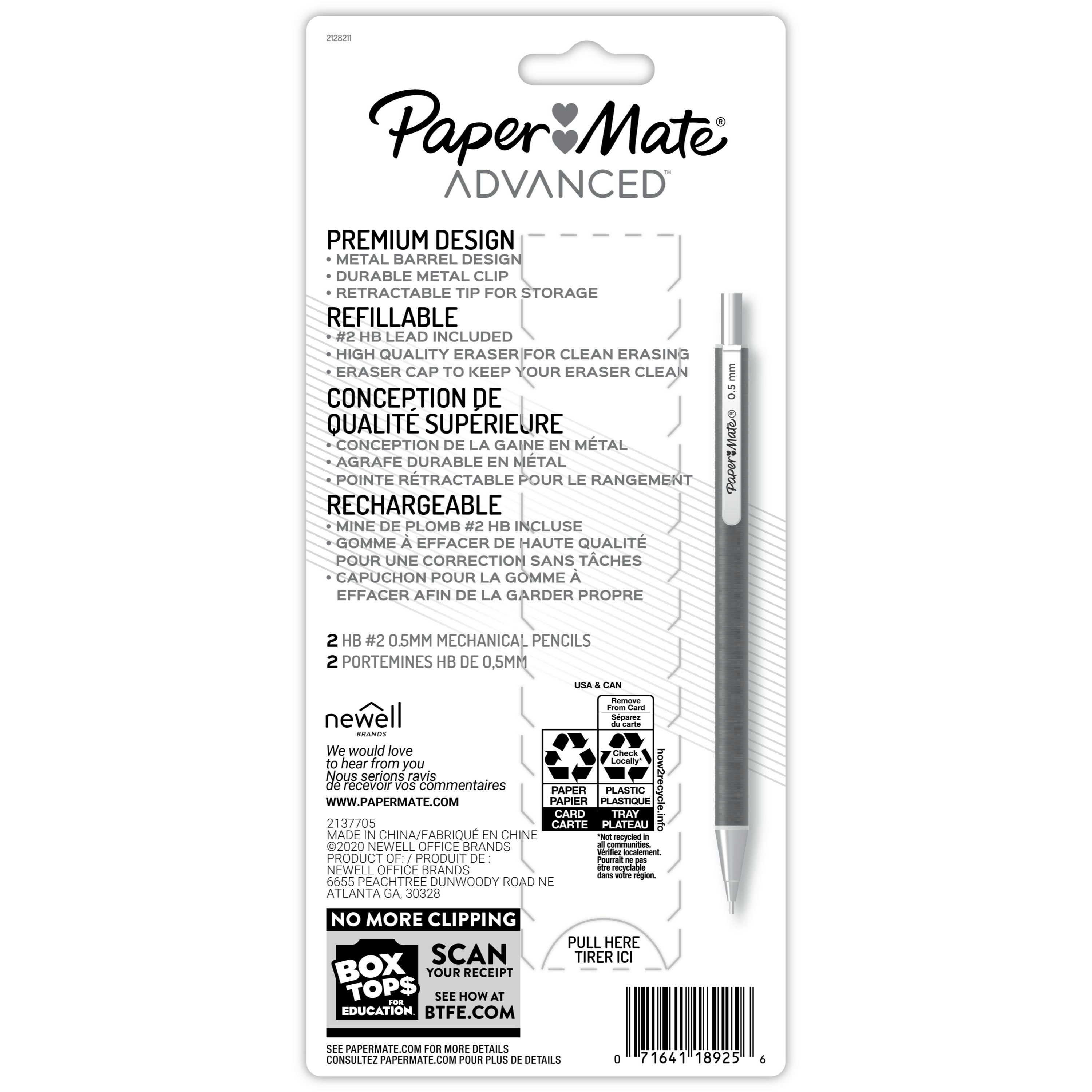 Paper Mate Advanced Mechanical Pencils, Premium Metal Barrels 0.5 mm #2 Pencils, 2 Count