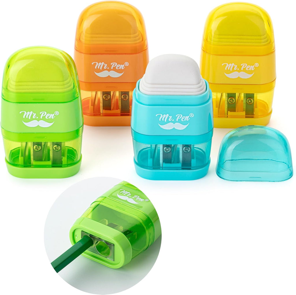 Mr. Pen- Pencil Sharpener & Eraser, 4 Pack, Colorful, 2 Sharpening Holes