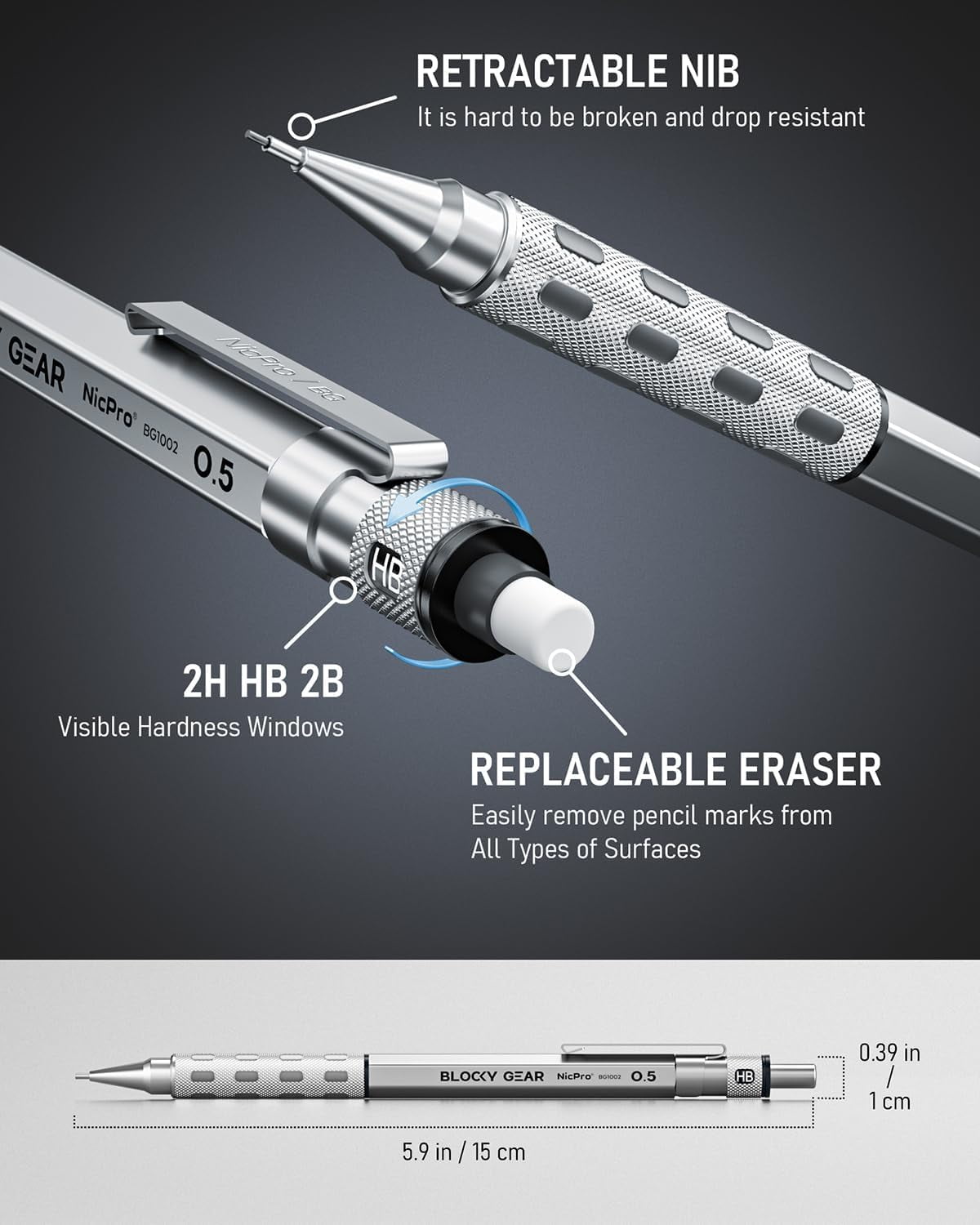 Nicpro 2 Pack Blocky Gear Metal Mechanical Pencils Set with Case, 0.5 mm & 0.7 mm Lead Drafting Pencil with 6 Tube (360PCS) Lead Refills(HB 2B), 3 Erasers, 18 Eraser Refills for Art Sketching Drawing