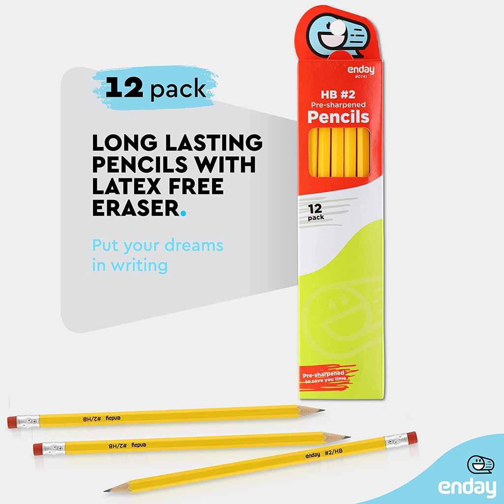 Enday Sharpened Pencils Number 2 #2 Graphite Drawing Pencil with Eraser Box of 12