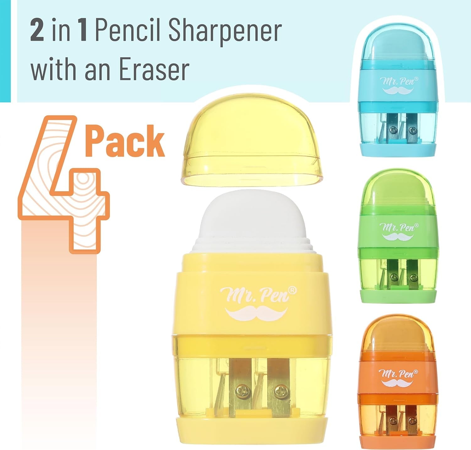 Mr. Pen- Pencil Sharpener & Eraser, 4 Pack, Colorful, 2 Sharpening Holes