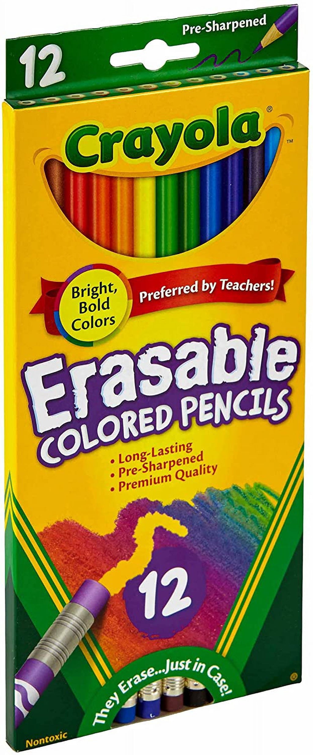 Crayola Erasable Colored Pencils, 12 Non-Toxic, Pre-Sharpened, Kids 4 & Up, Colors may vary