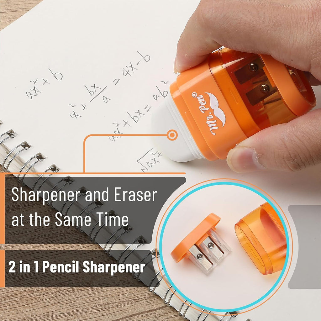 Mr. Pen- Pencil Sharpener & Eraser, 4 Pack, Colorful, 2 Sharpening Holes