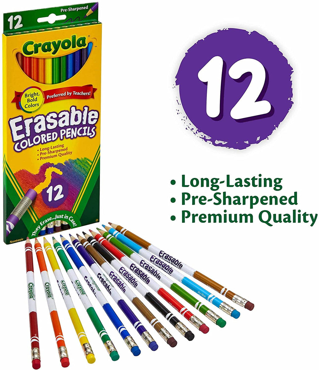 Crayola Erasable Colored Pencils, 12 Non-Toxic, Pre-Sharpened, Kids 4 & Up, Colors may vary