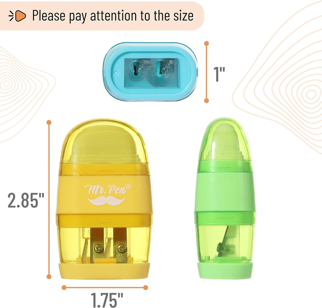 Mr. Pen- Pencil Sharpener & Eraser, 4 Pack, Colorful, 2 Sharpening Holes