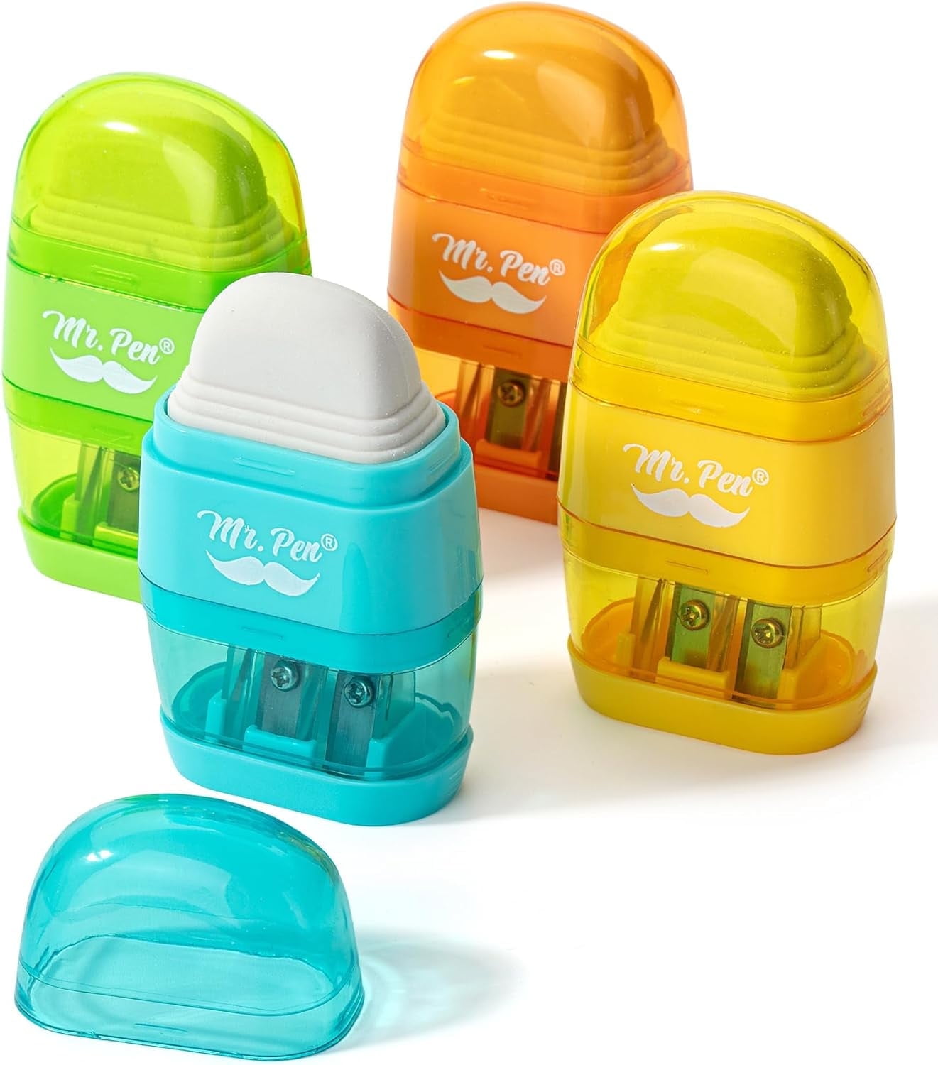 Mr. Pen- Pencil Sharpener & Eraser, 4 Pack, Colorful, 2 Sharpening Holes