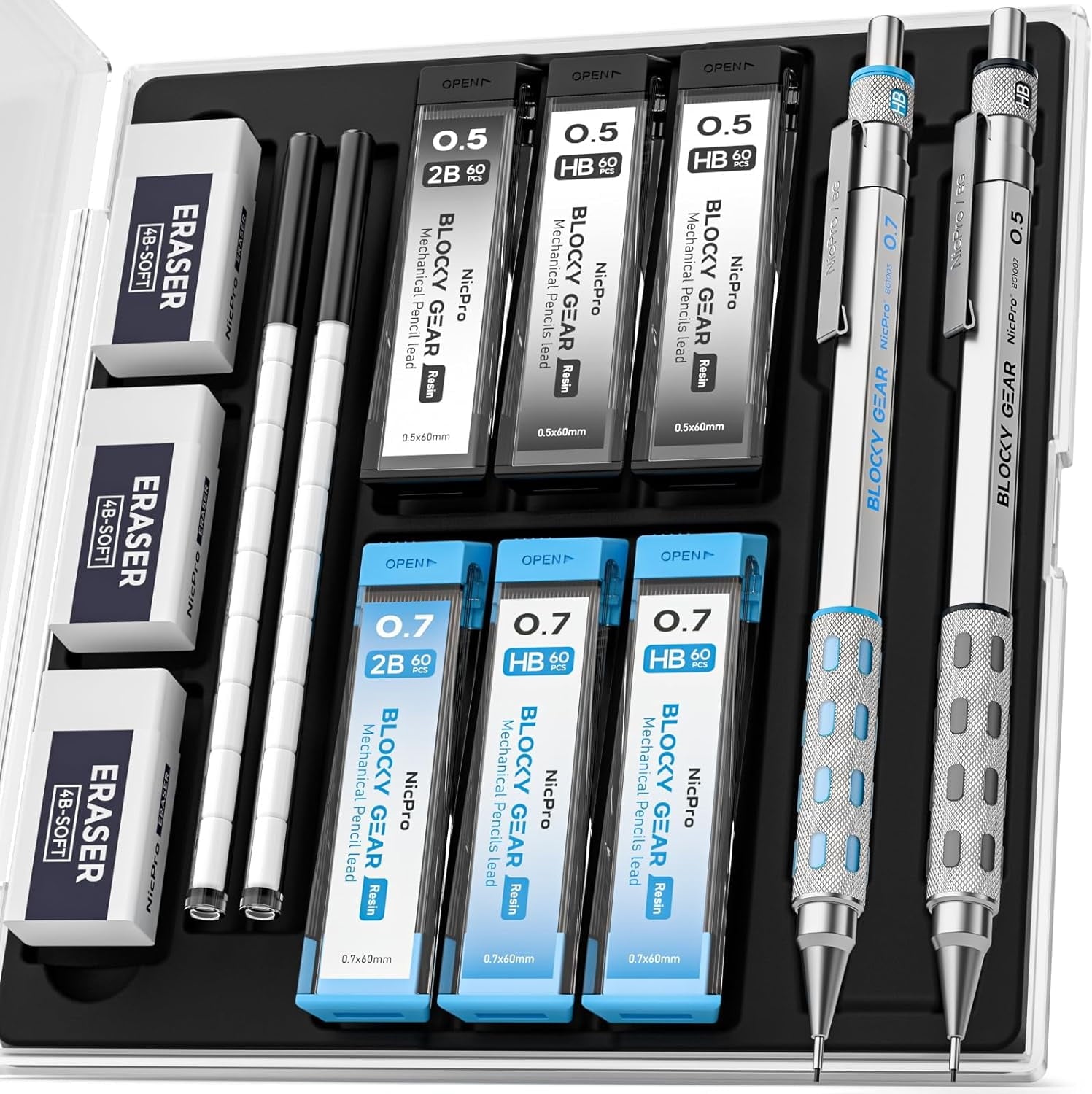Nicpro 2 Pack Blocky Gear Metal Mechanical Pencils Set with Case, 0.5 mm & 0.7 mm Lead Drafting Pencil with 6 Tube (360PCS) Lead Refills(HB 2B), 3 Erasers, 18 Eraser Refills for Art Sketching Drawing