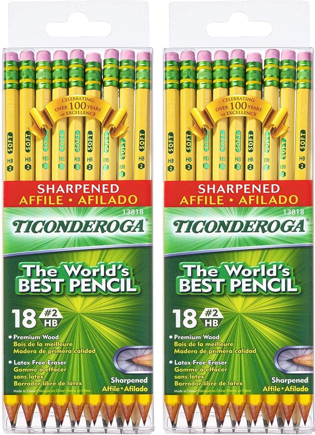 TICONDEROGA Pencils, Wood-Cased #2 HB Soft, Pre-Sharpened with Eraser, Yellow, 12-Pack (13806) Pack Of 2
