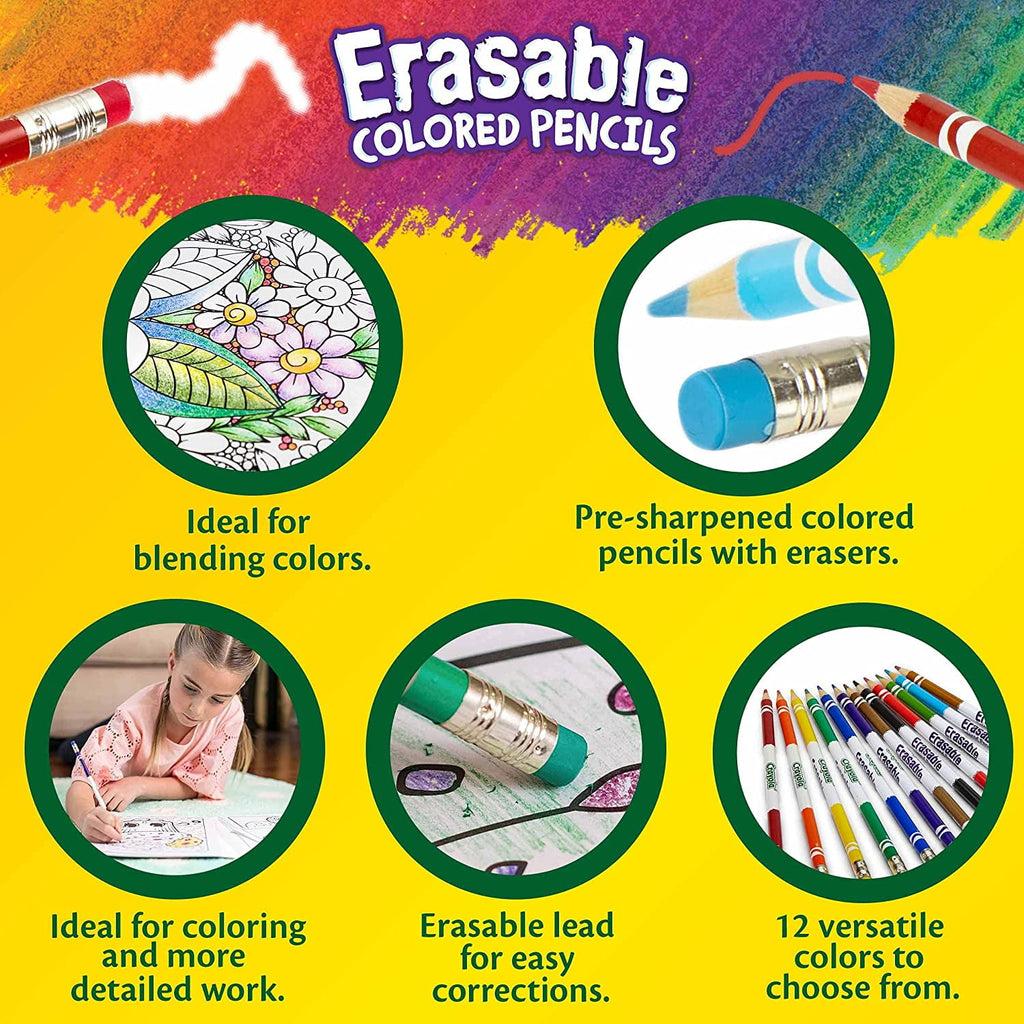 Crayola Erasable Colored Pencils, 12 Non-Toxic, Pre-Sharpened, Kids 4 & Up, Colors may vary