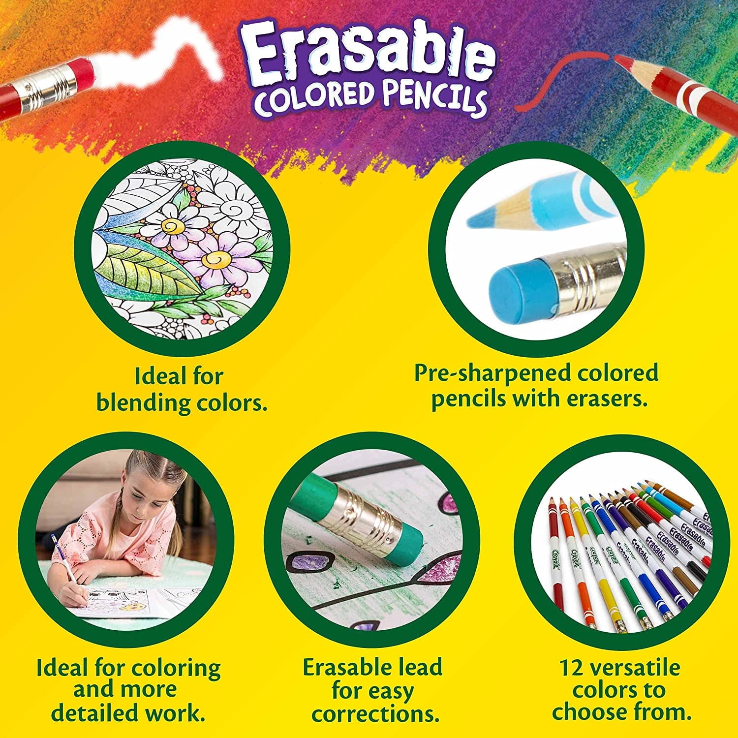 Crayola Erasable Colored Pencils, 12 Non-Toxic, Pre-Sharpened, Kids 4 & Up, Colors may vary