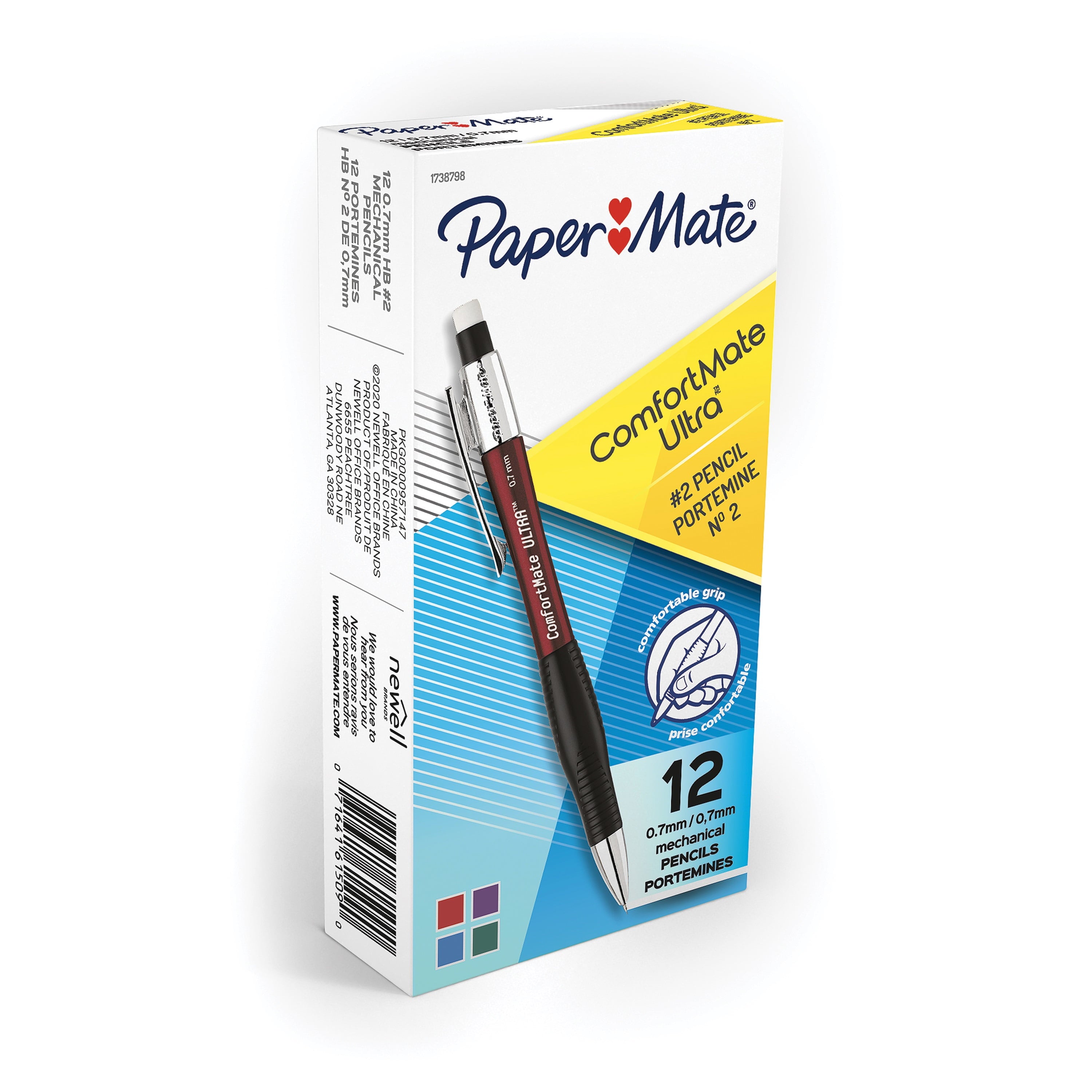 Paper Mate Comfort Mate Ultra Mechanical Pencils, 0.7mm, HB #2, Assorted Colors, 12 Count