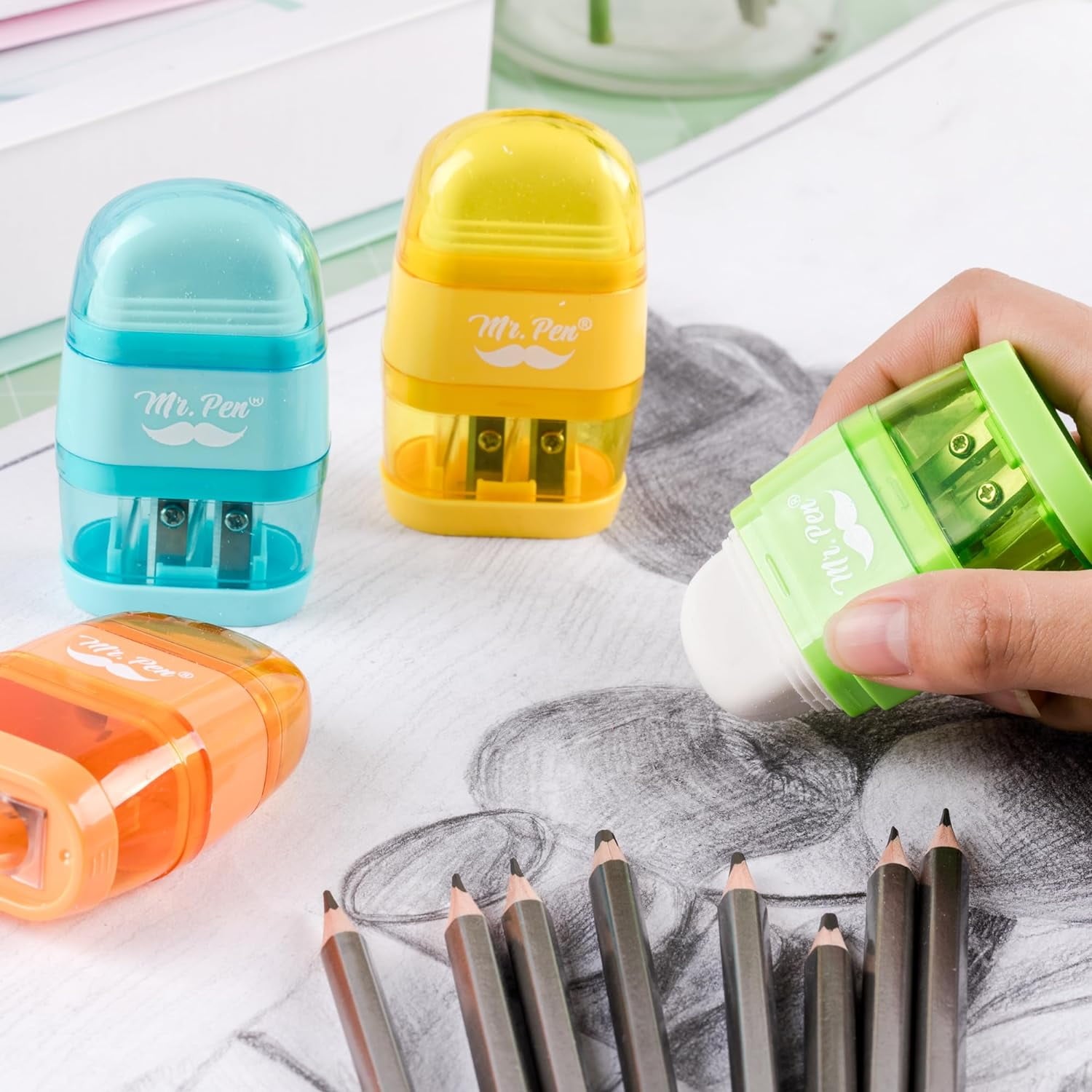 Mr. Pen- Pencil Sharpener & Eraser, 4 Pack, Colorful, 2 Sharpening Holes