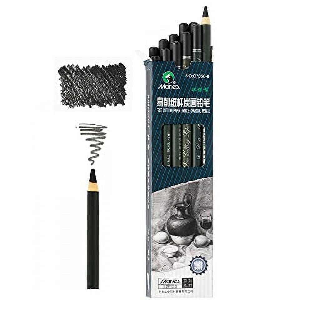 Maries Artist Charcoal Pencil 12 Piece Set, Soft Black Paper Handle Charcoal Pencils for Drawing and Sketching