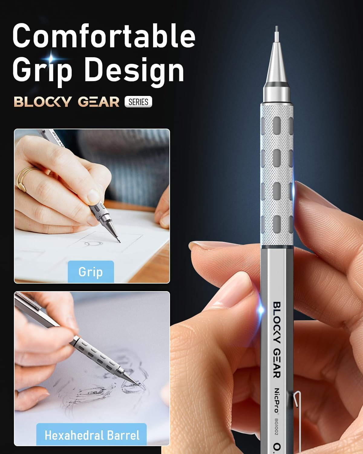 Nicpro 2 Pack Blocky Gear Metal Mechanical Pencils Set with Case, 0.5 mm & 0.7 mm Lead Drafting Pencil with 6 Tube (360PCS) Lead Refills(HB 2B), 3 Erasers, 18 Eraser Refills for Art Sketching Drawing