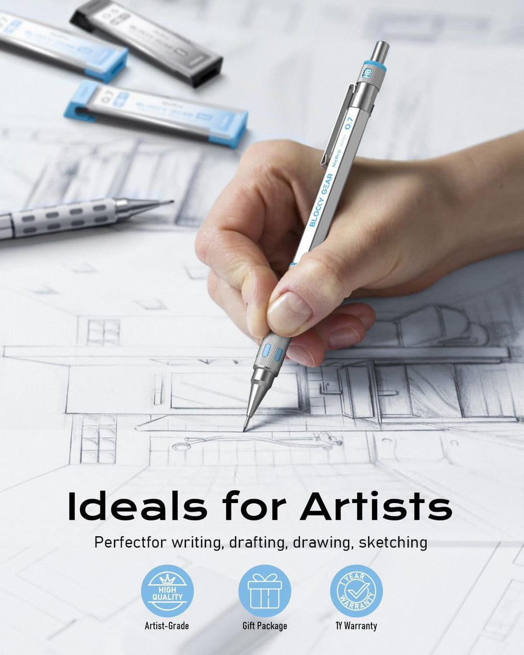 Nicpro 2 Pack Blocky Gear Metal Mechanical Pencils Set with Case, 0.5 mm & 0.7 mm Lead Drafting Pencil with 6 Tube (360PCS) Lead Refills(HB 2B), 3 Erasers, 18 Eraser Refills for Art Sketching Drawing